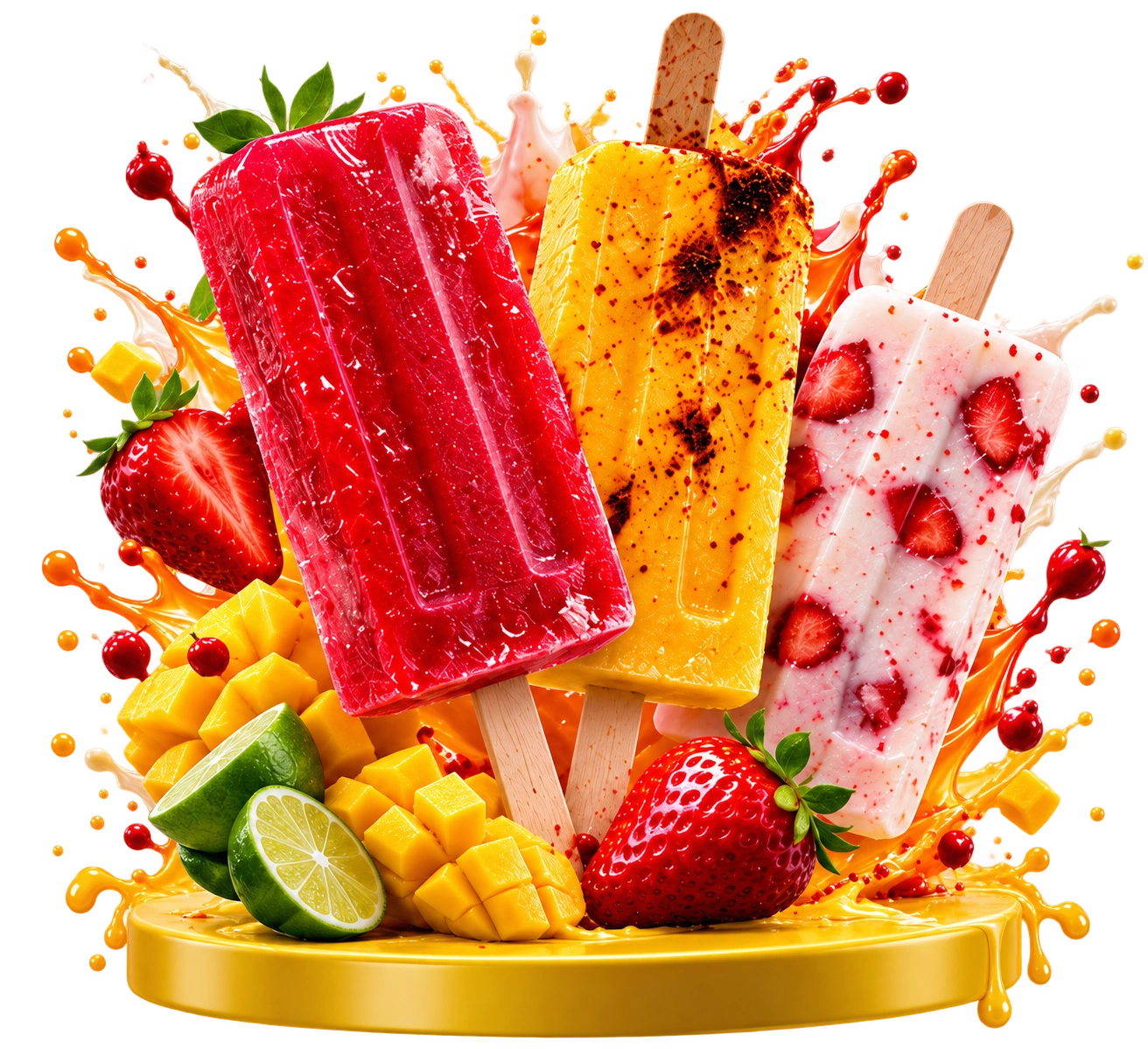 Paletas mexicanas de fresa, mango y frutas con ingredientes frescos